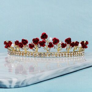 Gold Tiara with Red Rose Accents and Pearls